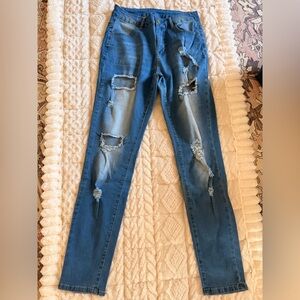 SHEIN Distressed Straight Leg Jeans- Blue, M